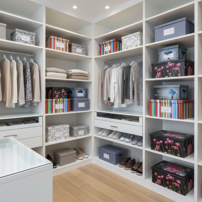 Cabina armadio moderna con scatole decorative