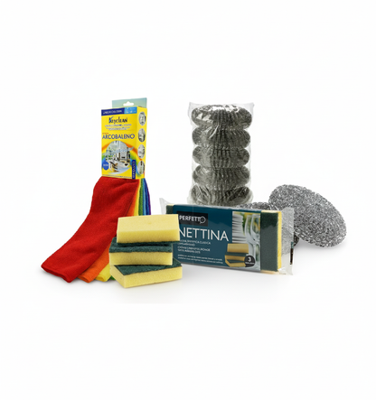 Kit Pulizia Cucina 28 Pezzi - 7 Panni Microfibra Arcobaleno + 6 Spugne Abrasive + 15 Pagliette Acciaio Inox