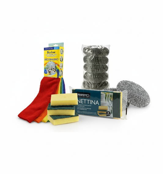Kit Pulizia Cucina 28 Pezzi - 7 Panni Microfibra Arcobaleno + 6 Spugne Abrasive + 15 Pagliette Acciaio Inox