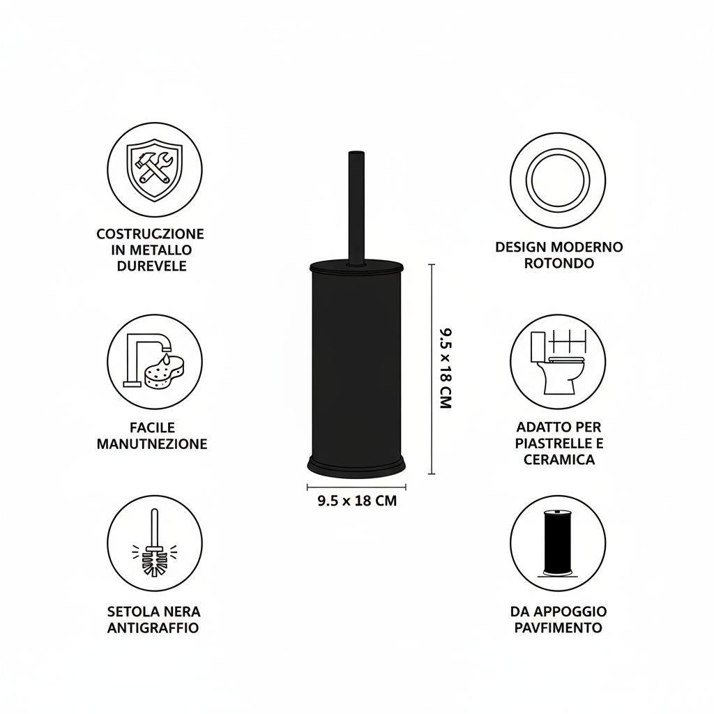 Infografica caratteristiche portascopino metallo nero dimensioni e vantaggi