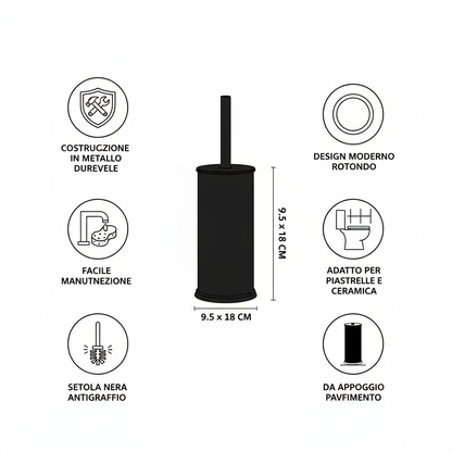 Infografica caratteristiche portascopino metallo nero dimensioni e vantaggi