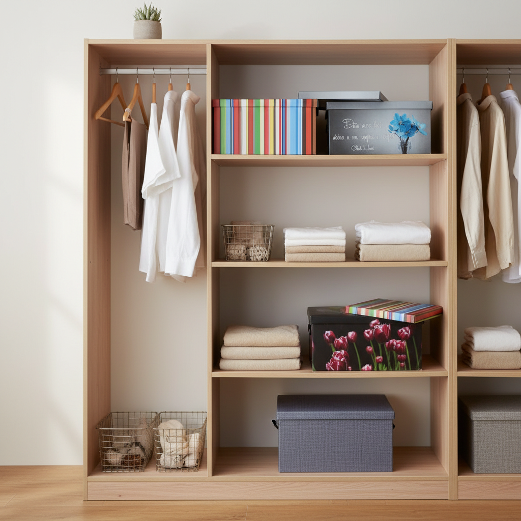 Armadio organizzato con scatole salvaspazio decorative