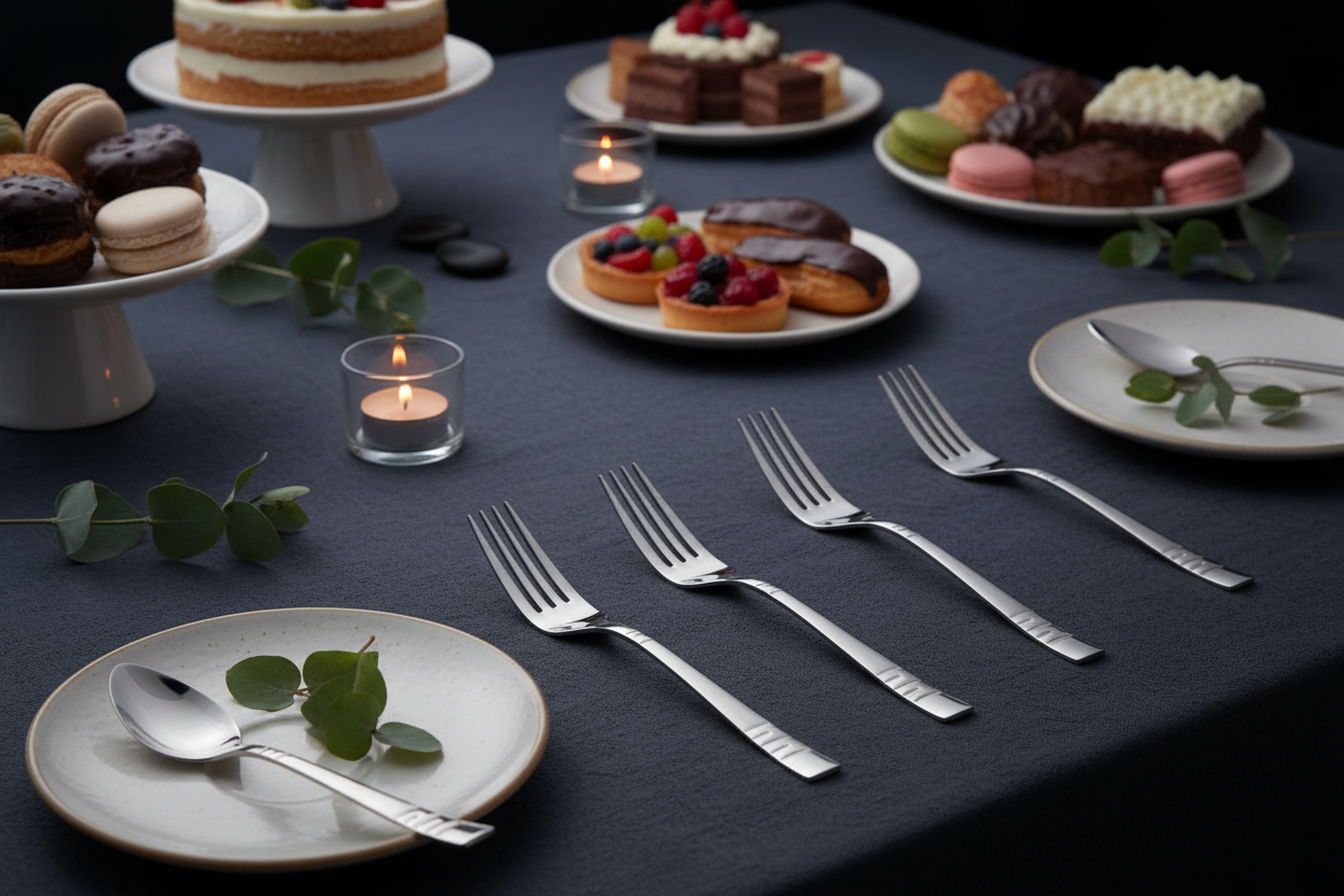 Set forchettine da dolce in acciaio inox su tavola elegante con dessert