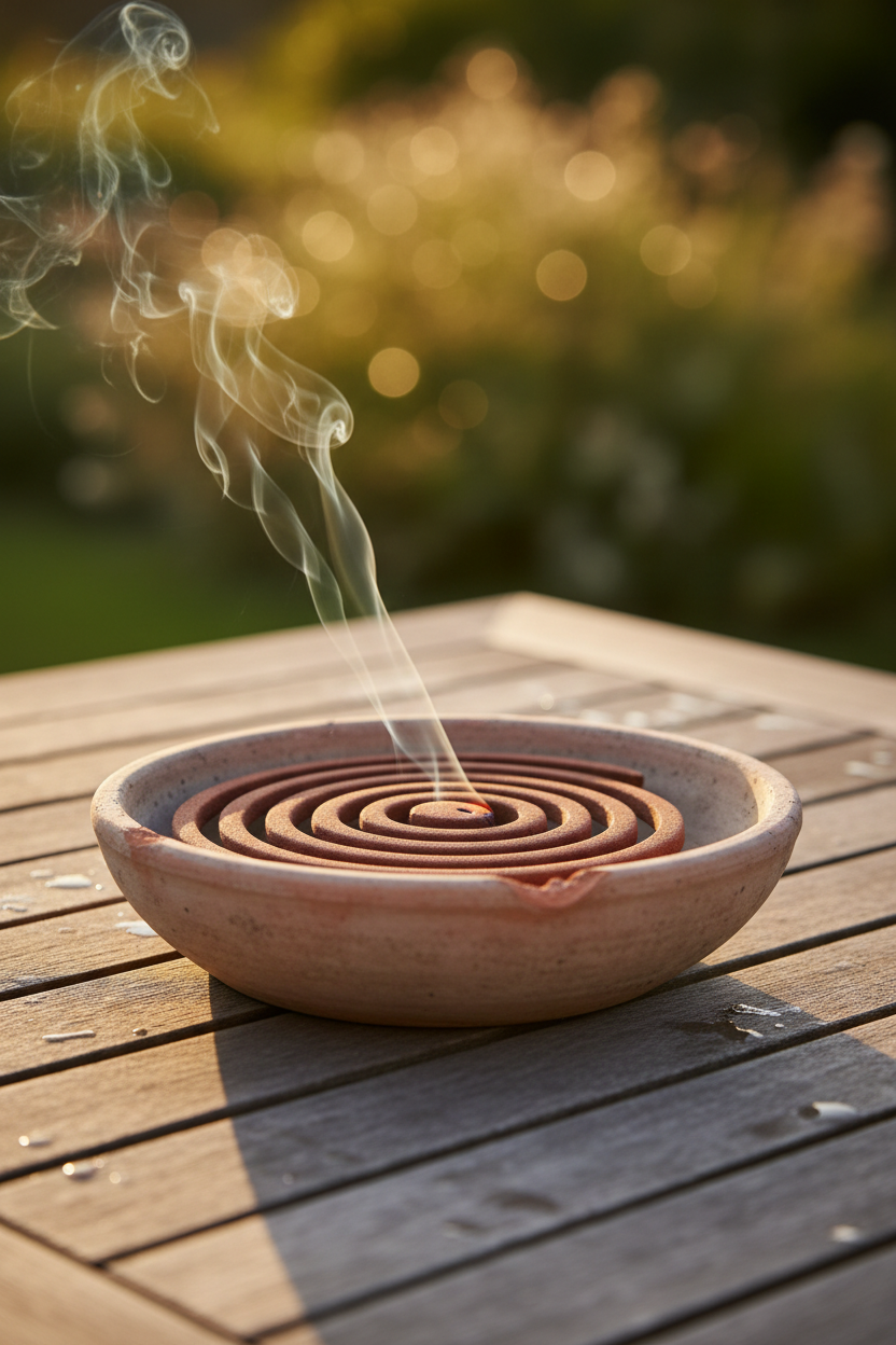 Dettaglio bobina citronella accesa nel bruciatore terracotta - zampirone antizanzare
