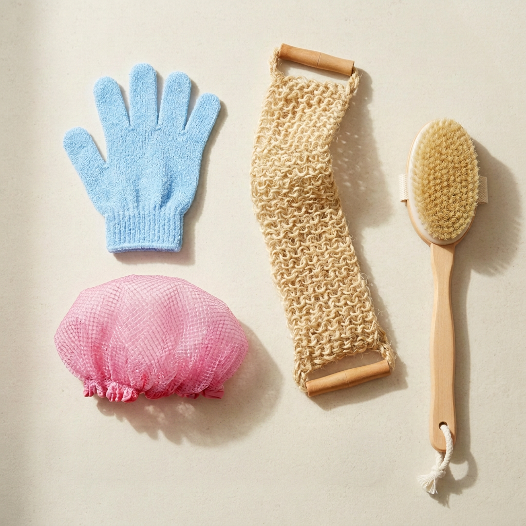 Kit beauty con quattro accessori: guanto esfoliante, striscia in sisal, cuffia doccia e una spazzola lavaschiena
