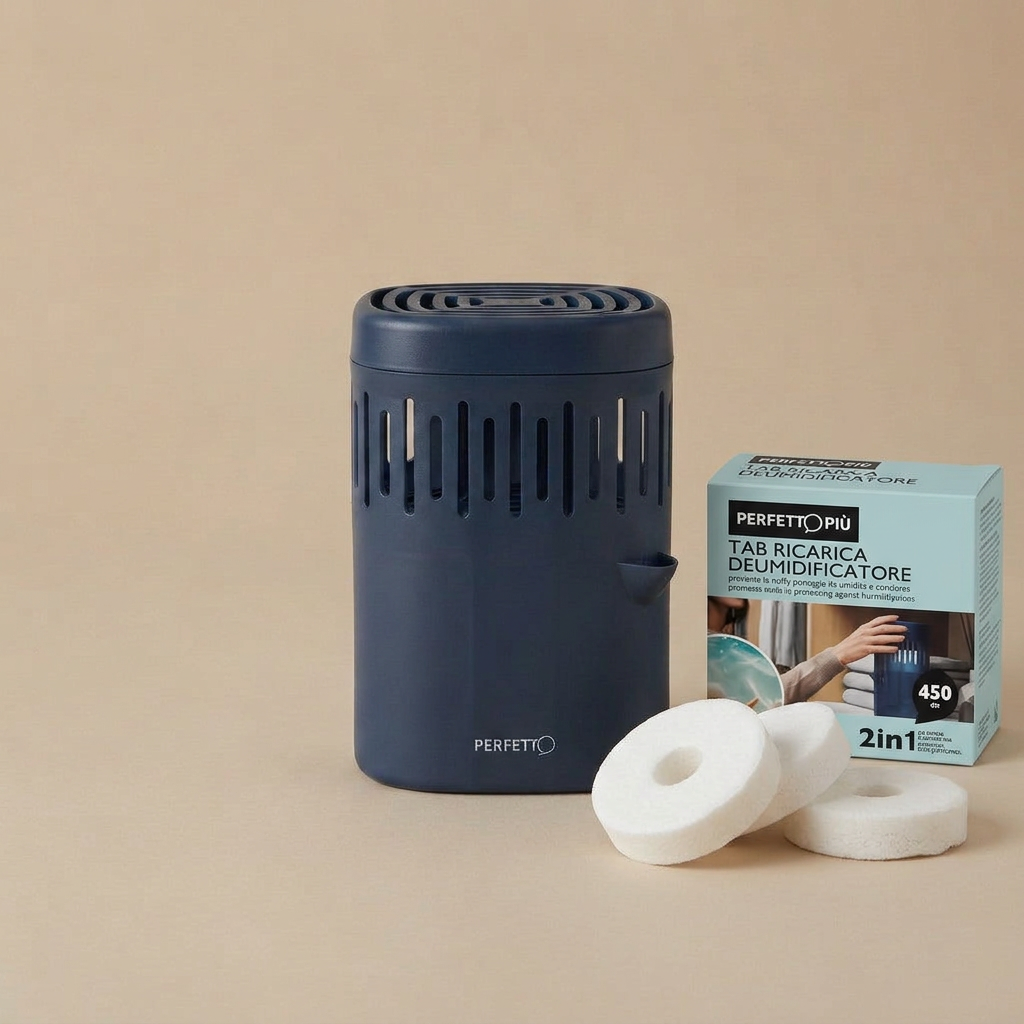 Deumidificatore Mini Perfetto con tre ricariche extra Oceano da 450 g; tab iniziale inclusa nel dispositivo