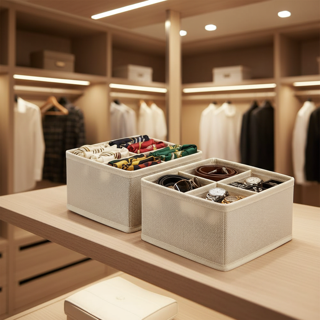 Set 2 scatole organizer in TNT su ripiano di cabina armadio