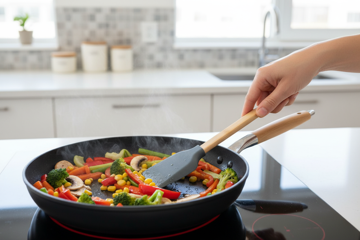 Cucinare verdure con spatola in silicone e bambù