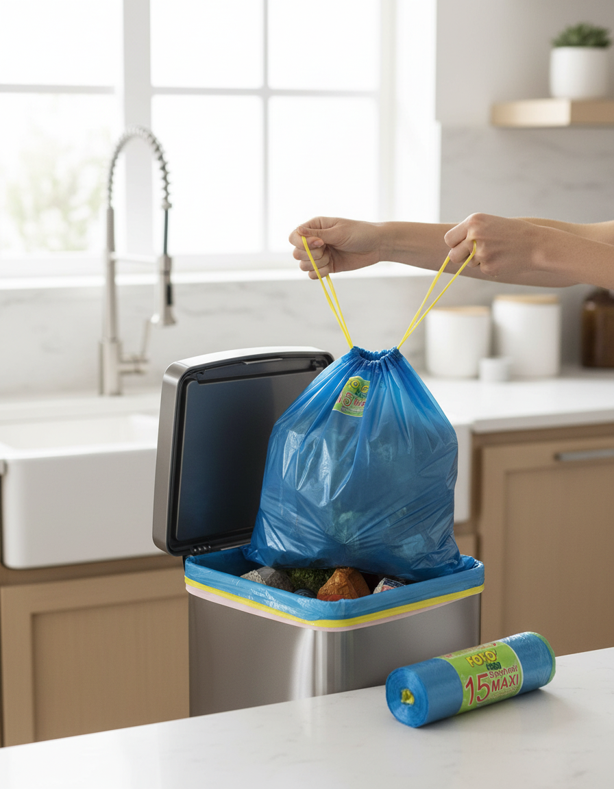 Sacchi azzurri in uso in cucina moderna