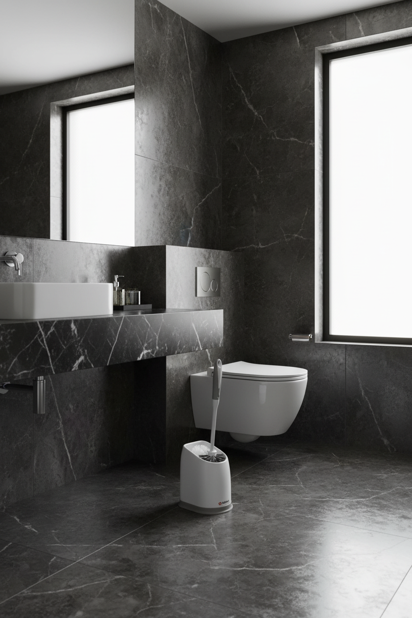 Portascopino WC Alpina in bagno minimalista dark luxury spa-inspired
