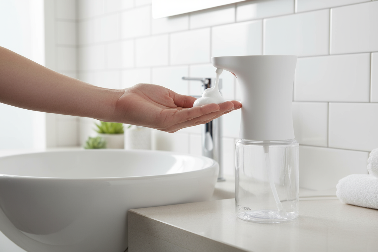 Dispenser sapone in uso in bagno moderno con mano sotto sensore