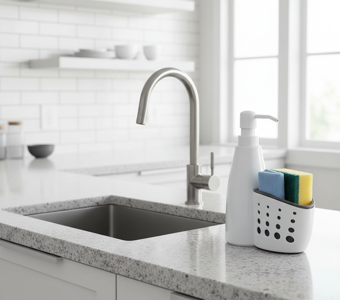 Alpina White Dispenser for Detergent or Liquid Soap with Holder for Utensils, for Kitchen or Bathroom