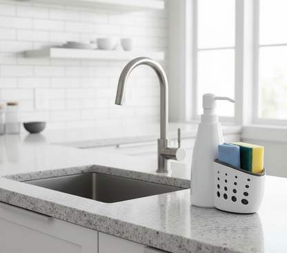 Alpina White Dispenser for Detergent or Liquid Soap with Holder for Utensils, for Kitchen or Bathroom