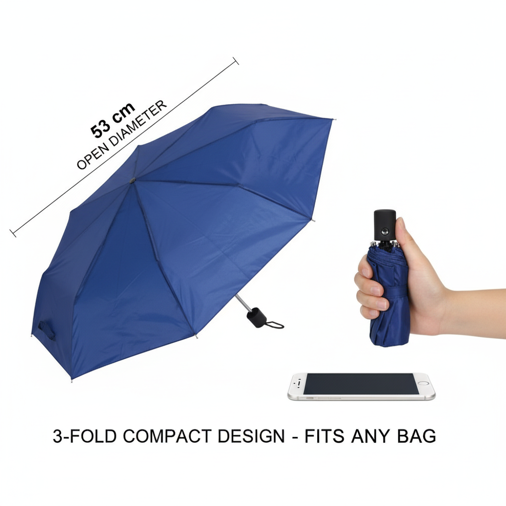 Ombrello Mini Pieghevole 53 cm - 8 Stecche Rinforzate - Compatto e Leggero - 3 Colori Disponibili
