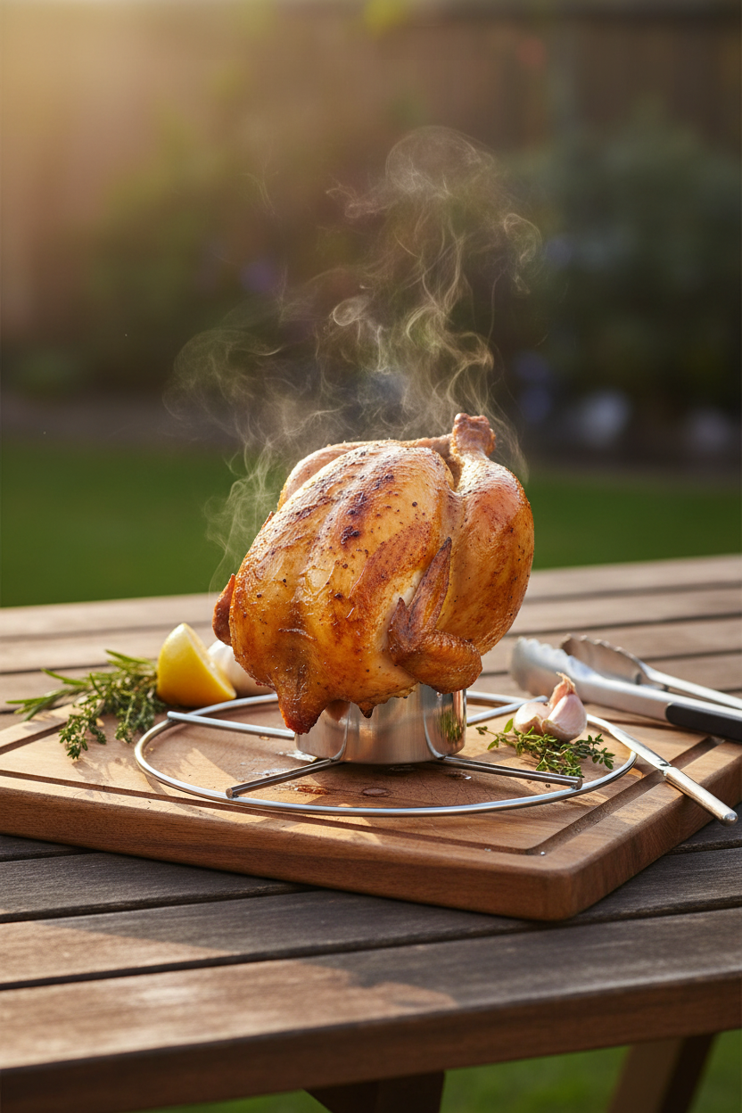 Pollo arrosto perfettamente cotto su chicken roaster con pelle croccante dorata
