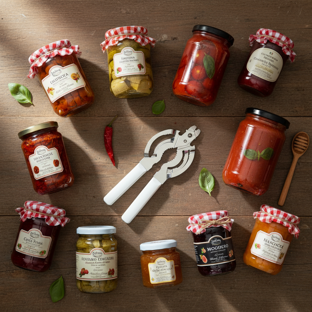 Apribarattolo con conserve e barattoli italiani
