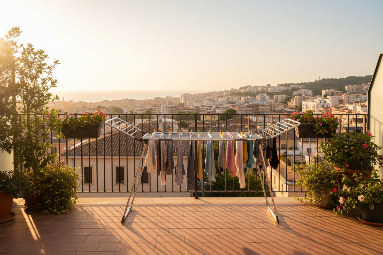 Stendibiancheria su balcone soleggiato con vista urbana - golden hour