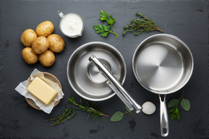 Composizione flat lay set schiacciapatate con ingredienti freschi su ardesia