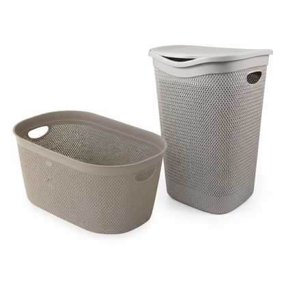 Set 2 Cesti Portabiancheria 112L Tortora - Traforato 57L + Intreccio con Coperchio 55L - Polipropilene Resistente - FercasaShop®