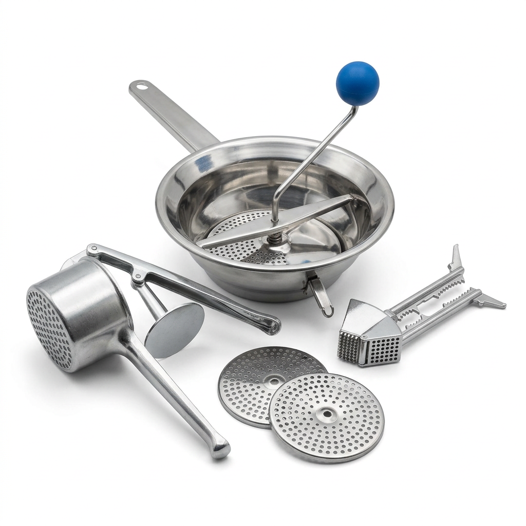 Kit cucina con schiaccia passatelli Zaseves, Daffy e passaverdure inox con tre dischi