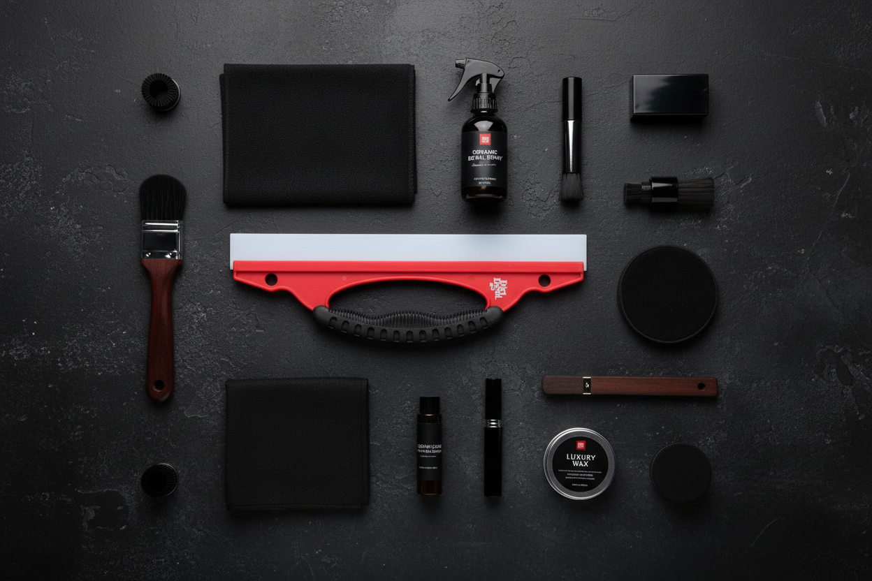 Flatlay accessori car care lavavetro TPR dark luxury editorial