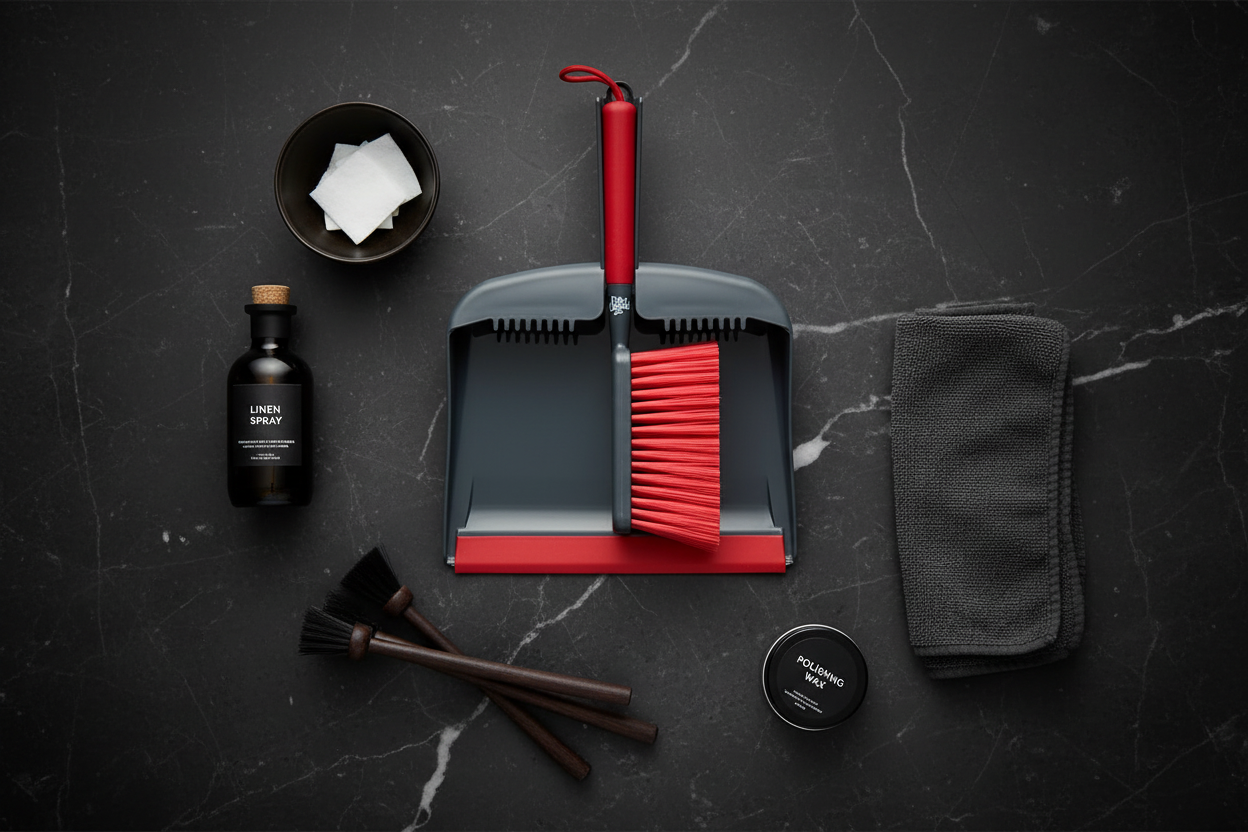 Flatlay elegante set scopa paletta accessori pulizia marmo dark luxury