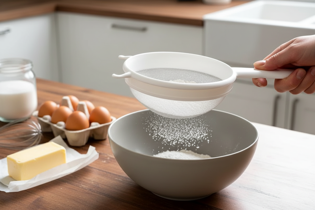 Setacciare farina con colino a maglia fine per pasticceria