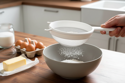Setacciare farina con colino a maglia fine per pasticceria