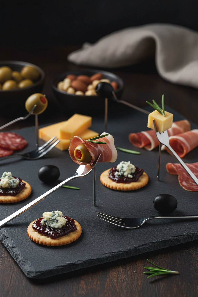 Forchettine cocktail premium con stuzzichini gourmet su ardesia