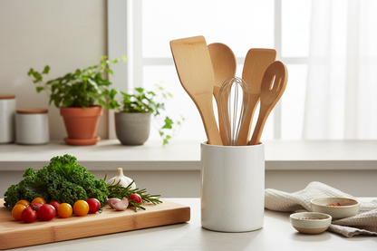 Spatola in bambù in portautensili con verdure fresche