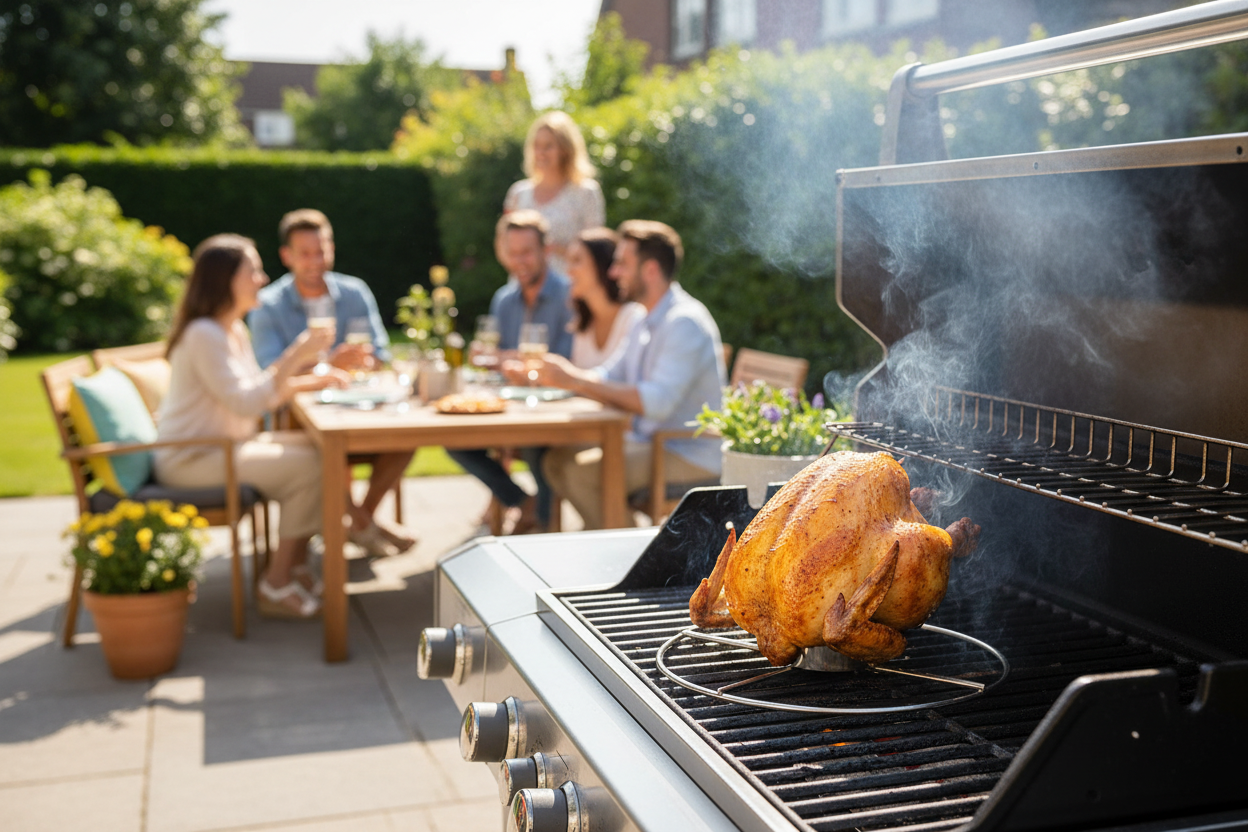 Pollo dorato su supporto verticale acciaio inox BBQ Collection durante cottura su griglia