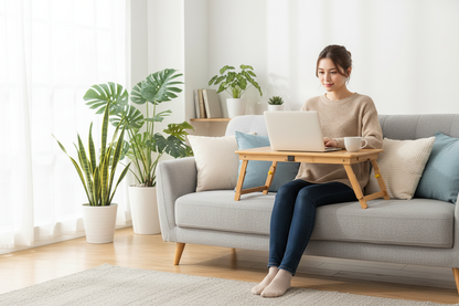 Donna lavora da casa con tavolo pieghevole bambù su divano, laptop e caffè