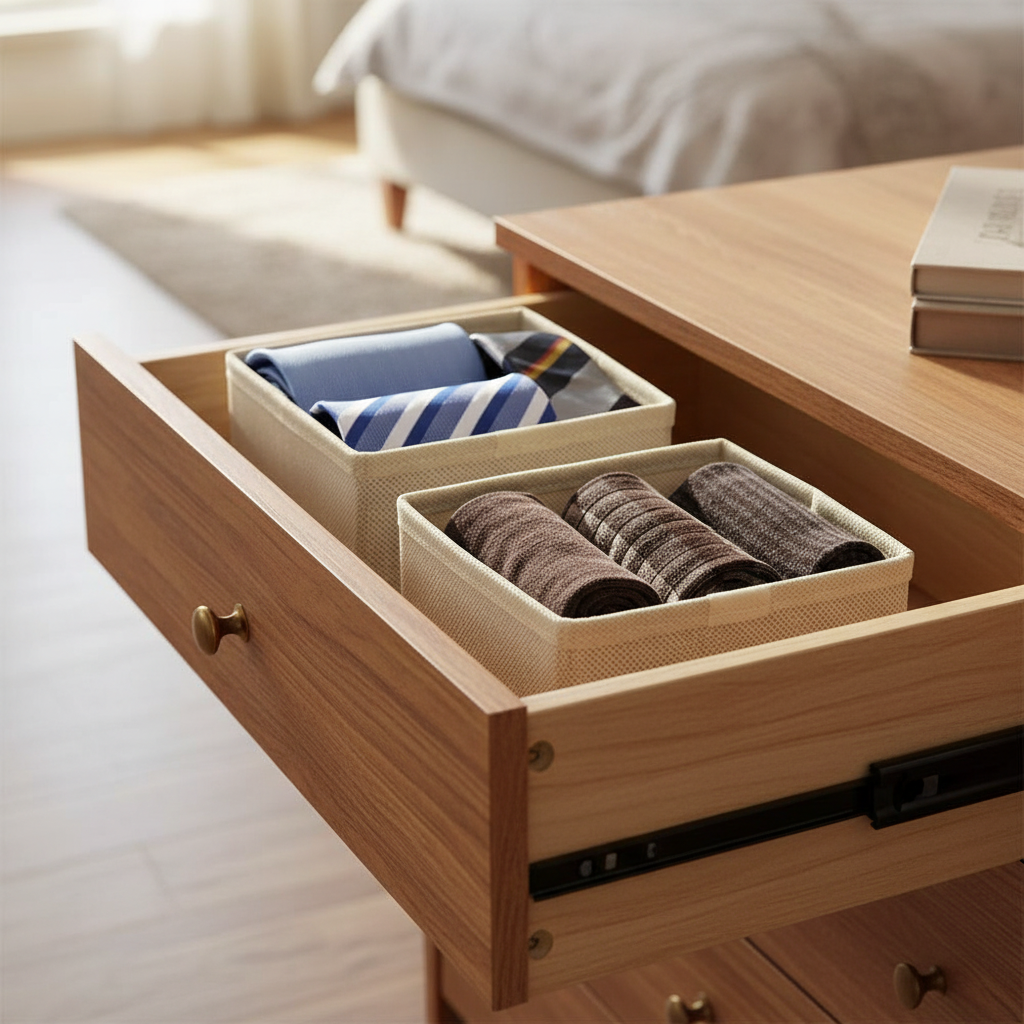 Set 2 scatole organizer in TNT in cassettiera con cravatte e calzini