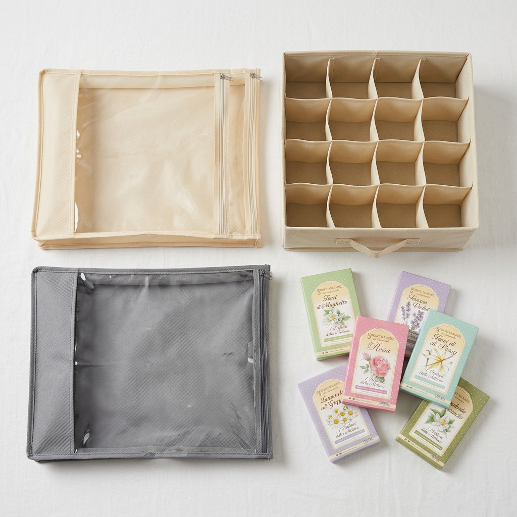 Kit con due custodie TNT, organizer a 16 scomparti e profumatori, colori e fragranze assortiti