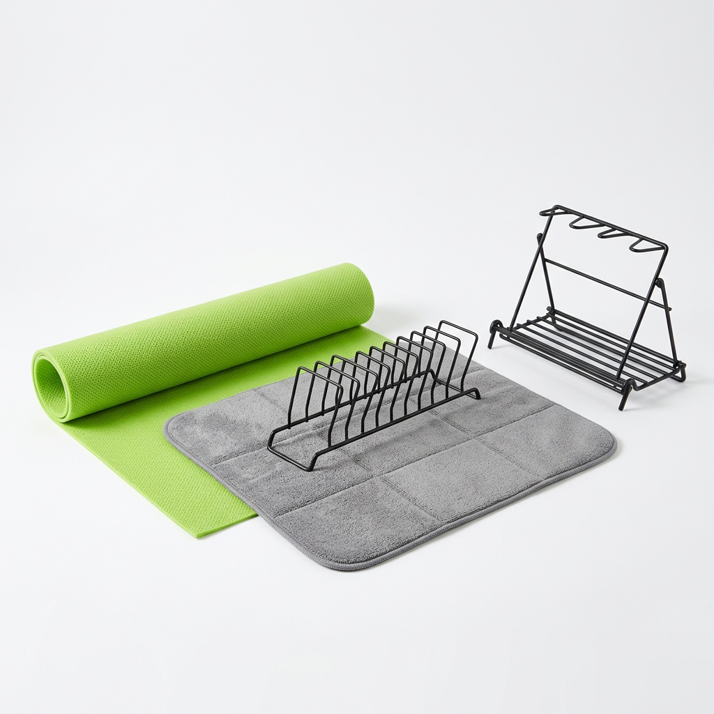 Kit cucina con tappetino salvafreschezza verde, scolapiatti in microfibra con griglia e scolabottiglie a due posti
