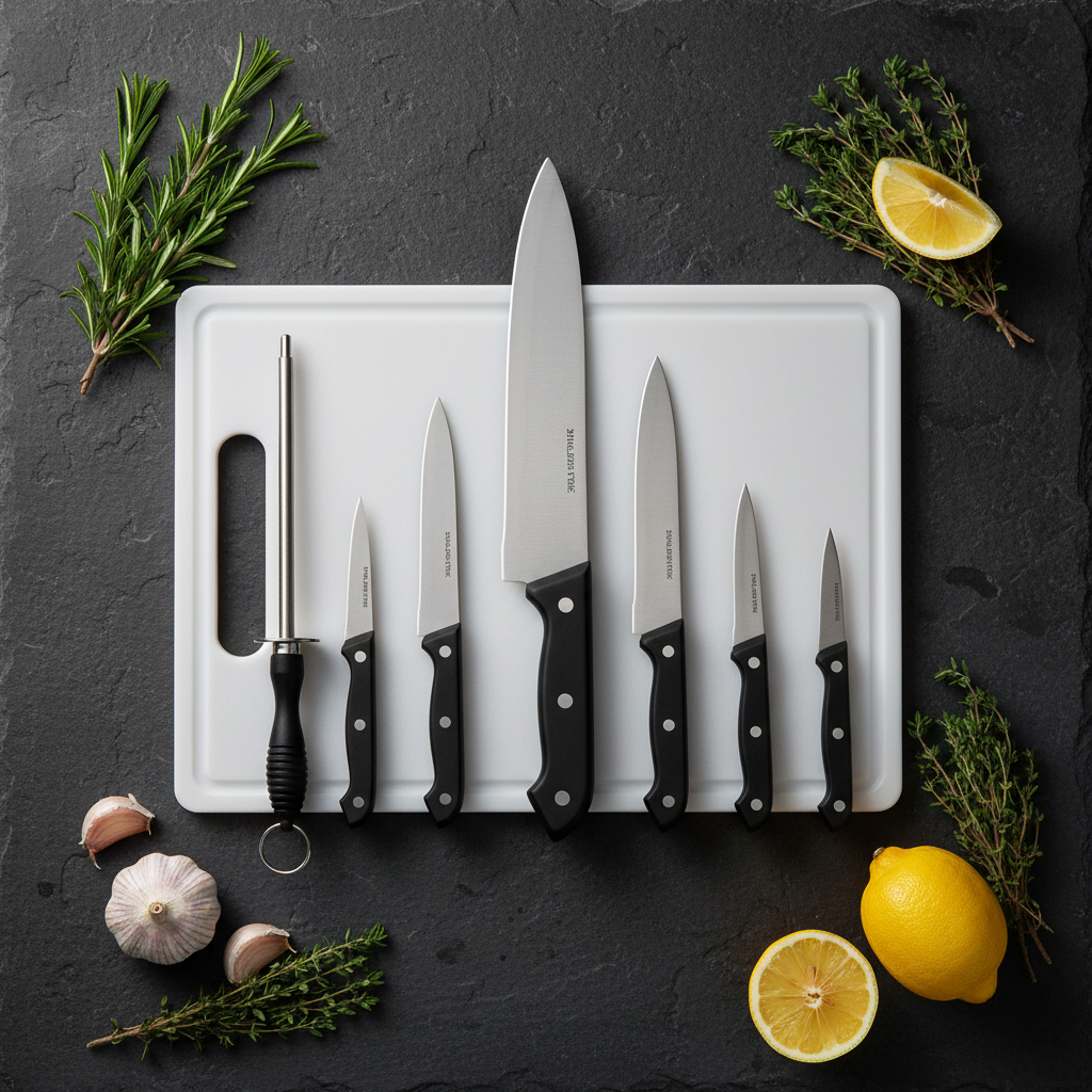 Flat lay set completo 7 pezzi coltelli professionali con ingredienti freschi