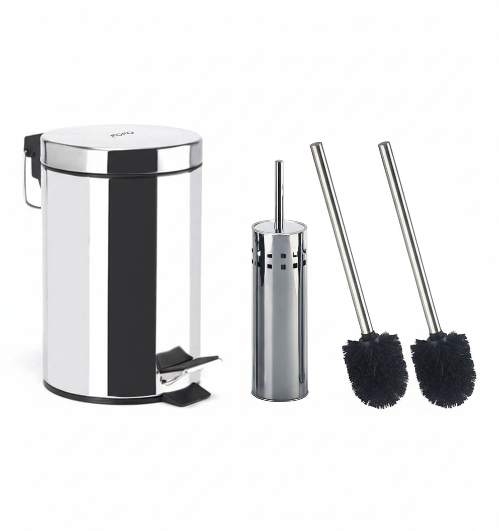 Set Completo Bagno Inox 3 Pezzi - Pattumiera 3L a Pedale + Portascopino + 2 Ricambi Neri