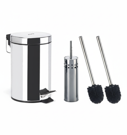Set Completo Bagno Inox 3 Pezzi - Pattumiera 3L a Pedale + Portascopino + 2 Ricambi Neri