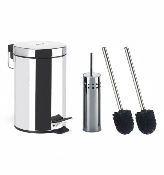 Set Completo Bagno Inox 3 Pezzi - Pattumiera 3L a Pedale + Portascopino + 2 Ricambi Neri