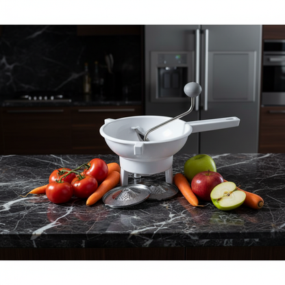 Passaverdure manuale in plastica con verdure fresche su piano in marmo scuro