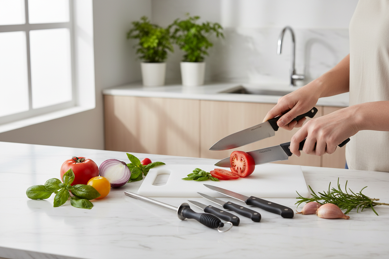 Set 7 pezzi coltelli professionali in acciaio inox con tagliere e affilacoltelli in cucina moderna