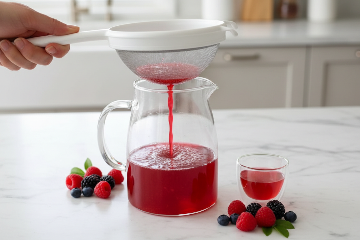 Filtrare succo di frutta con setaccio a maglia fine