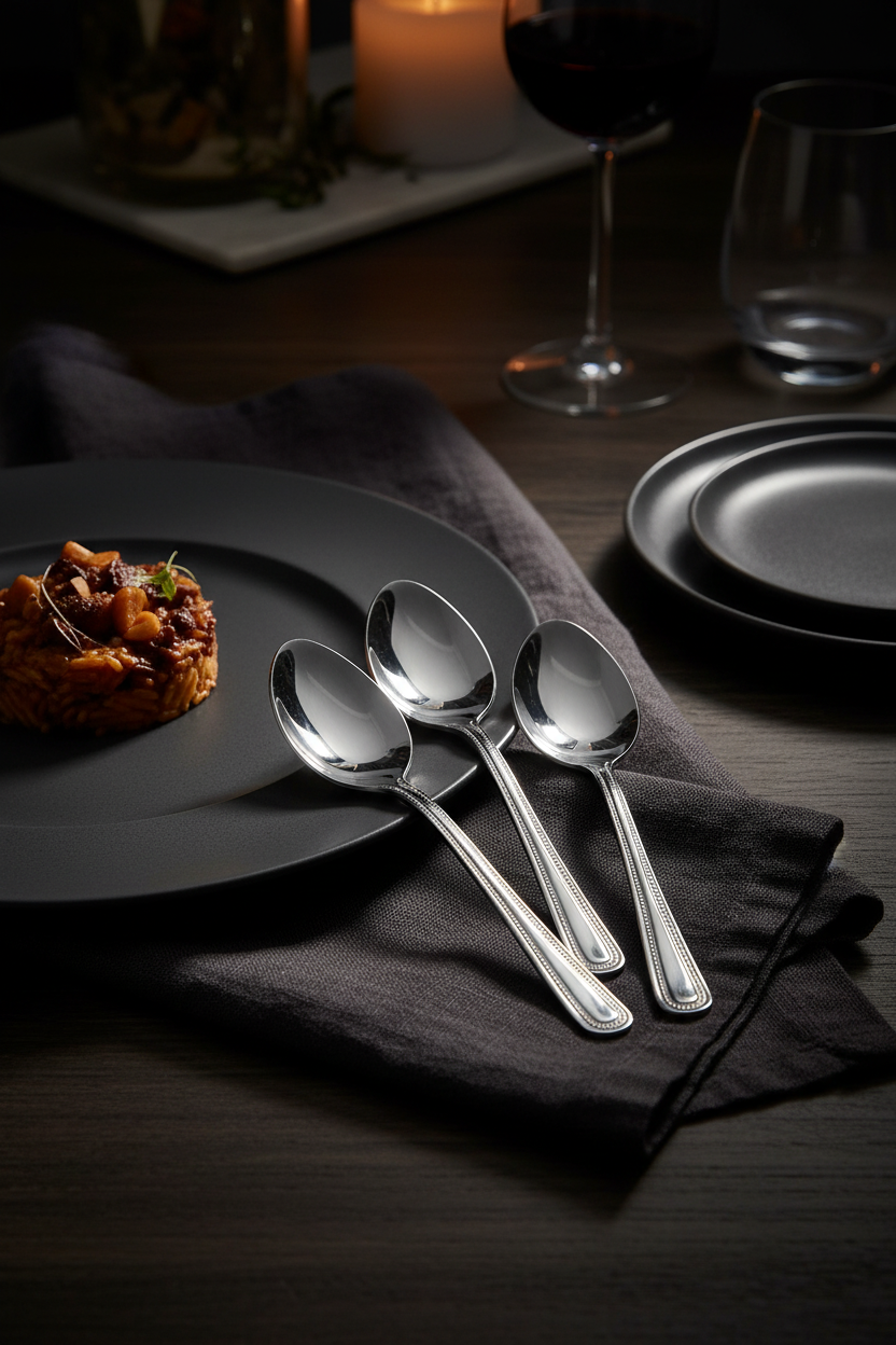 Cucchiaini da tè premium con tovagliolo in lino e piatti ceramica
