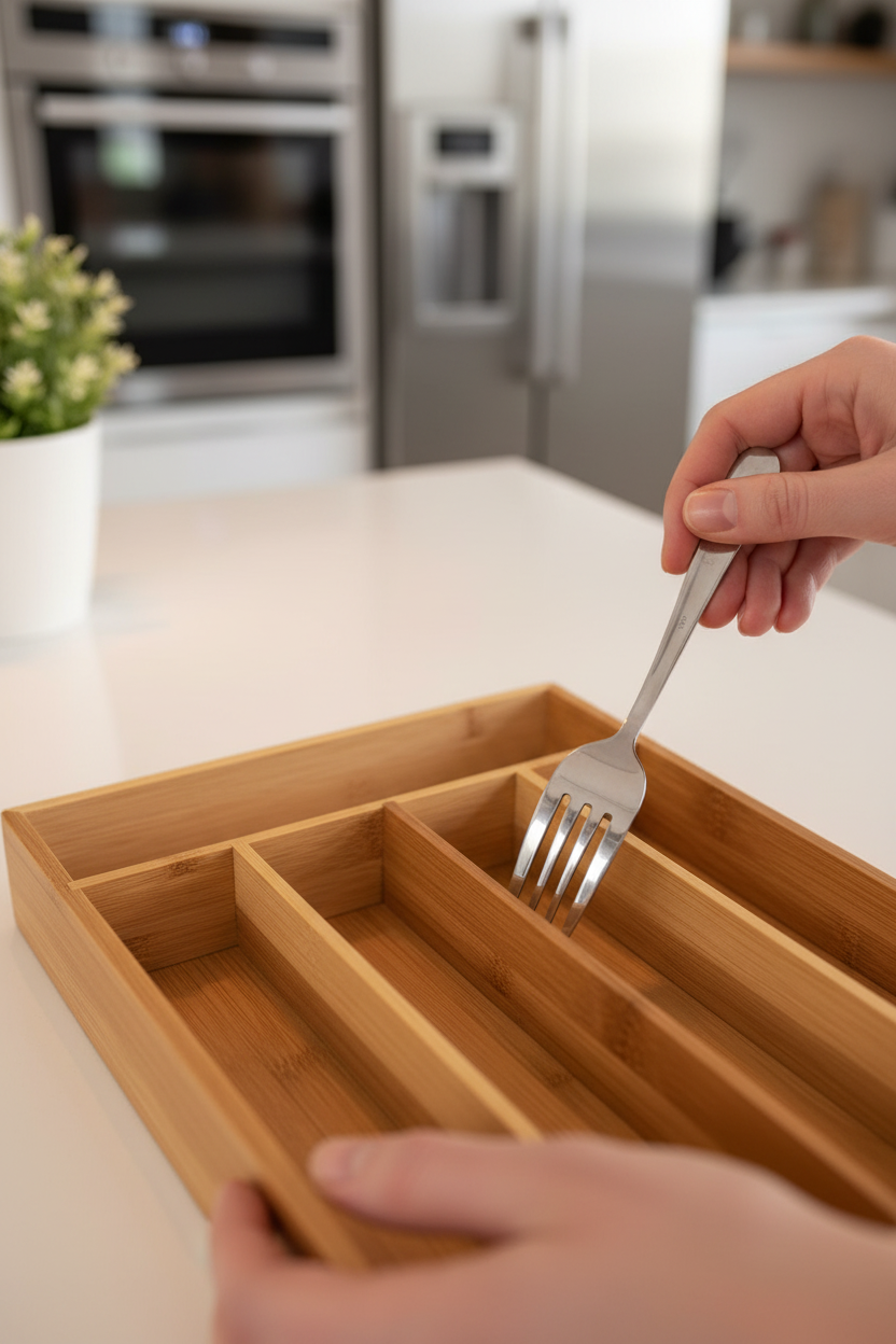 Dettaglio mani che posizionano forchetta in organizzatore bambù naturale cucina