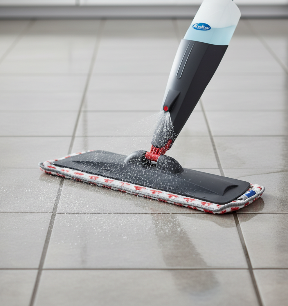 Dettaglio spray mop durante pulizia pavimento
