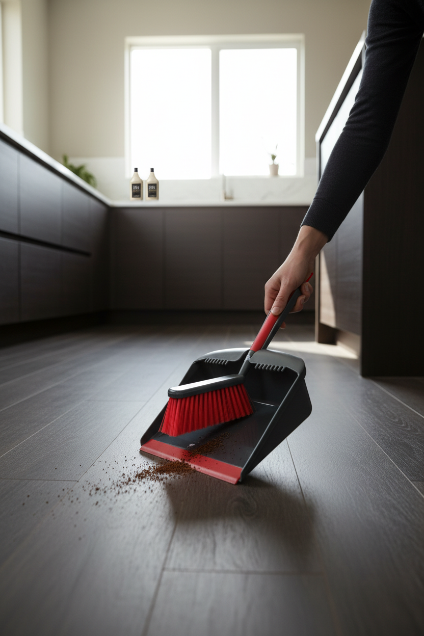 Pulizia moderna cucina con set scopa lifestyle photography spa-inspired