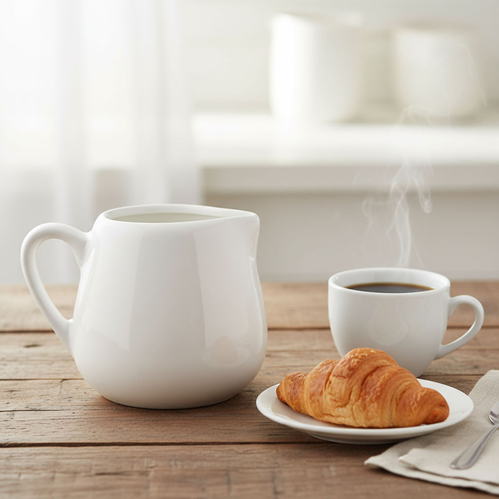 Brocca latte in porcellana su tavola da colazione in legno