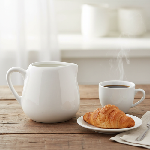 Brocca latte in porcellana su tavola da colazione in legno