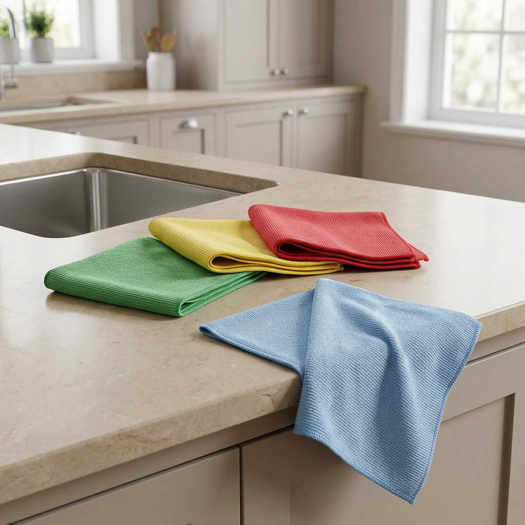 Kit quattro panni Perfetto Extreme blu, verde, giallo e rosso ambientati sul piano cucina