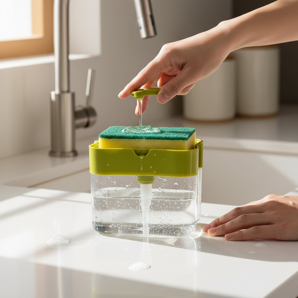 Dispenser sapone piatti in uso al lavello cucina